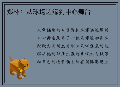 郑林：从球场边缘到中心舞台